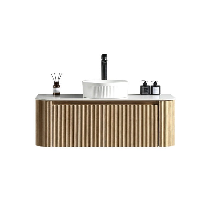 Fluted 1075mm Wall Hung Curved Corner Vanity with Countertop – Country Oak
