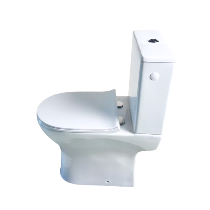 White toilet with open back and soft-close seat, side view