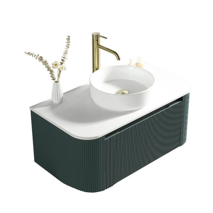 Fluted 870mm Wall-Hung Curved Corner Vanity with Countertop – Smoked Sage