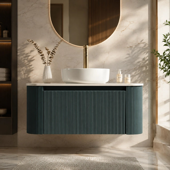Fluted 870mm Wall-Hung Curved Corner Vanity with Countertop – Smoked Sage