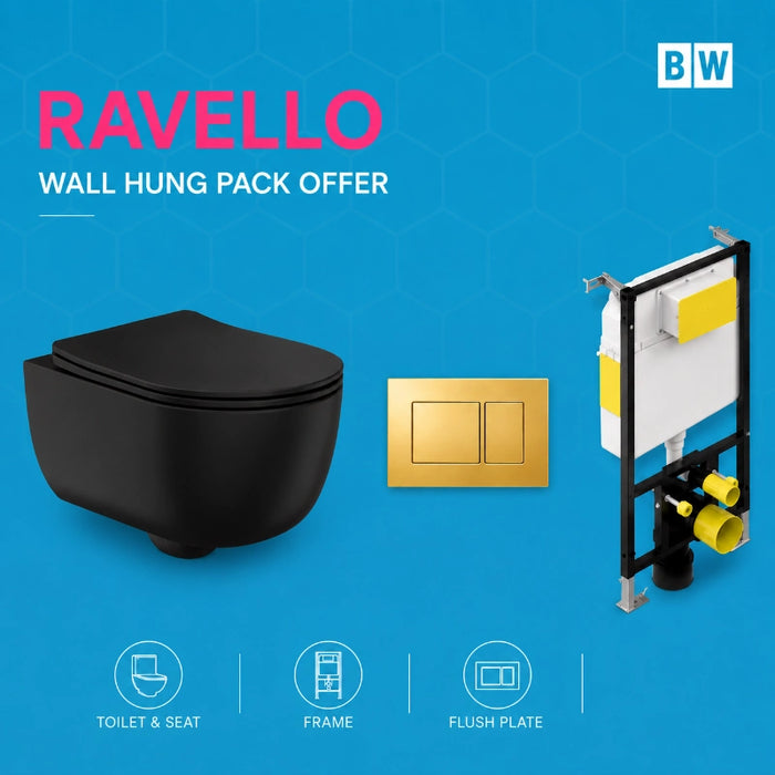 Rimless Wall Hung Black Toilet, Frame & Button Pack