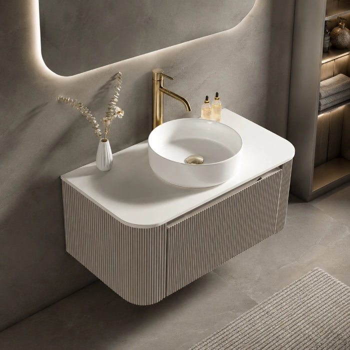 Fluted 870mm Wall-Hung Curved Corner Vanity with Countertop – Soft Coffee