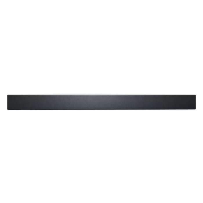 Matte black long bar handle for vanity drawer, close-up front view