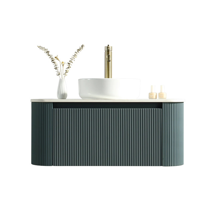 Fluted 870mm Wall-Hung Curved Corner Vanity with Countertop – Smoked Sage