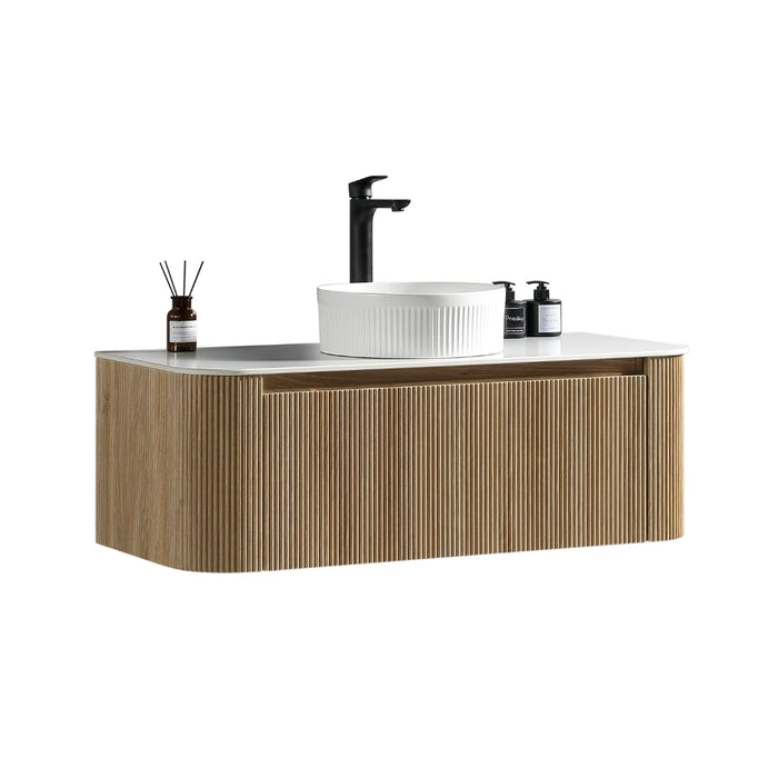 Fluted 1075mm Wall Hung Curved Corner Vanity with Countertop – Country Oak