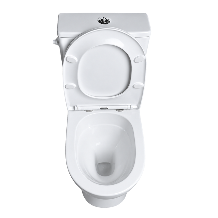 White toilet with soft-close seat, top view of closed bowl lid