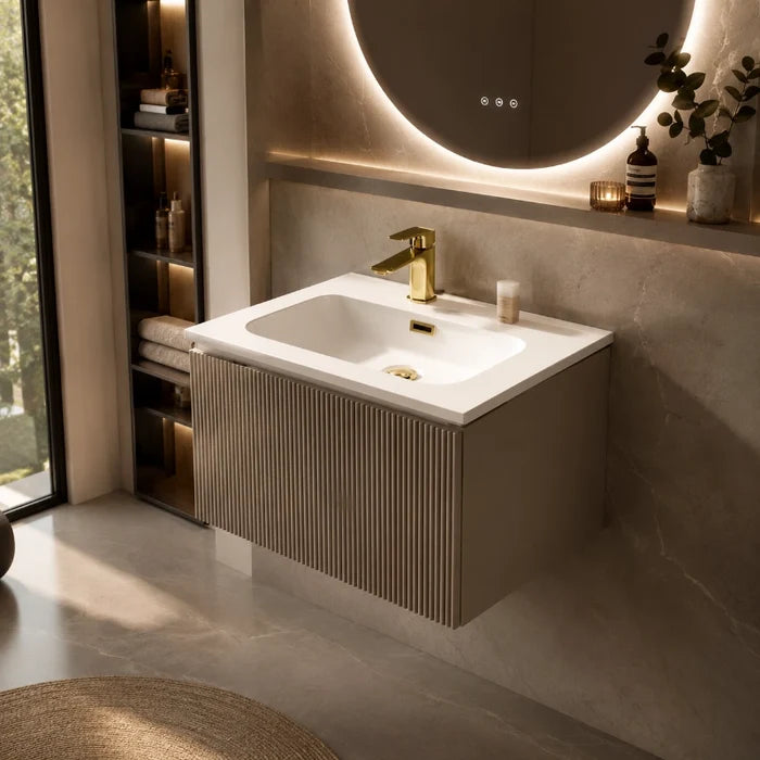 Fluted 600mm Wall-Hung Vanity Unit with Basin – Soft Coffee