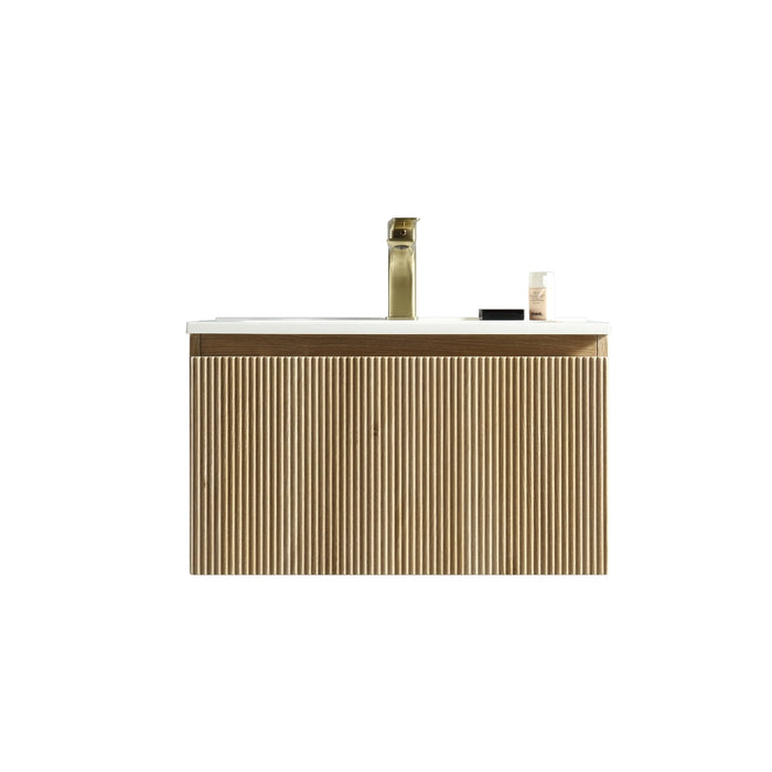 Wall-hung vanity front, country oak fluted cabinet with white top and brass taps