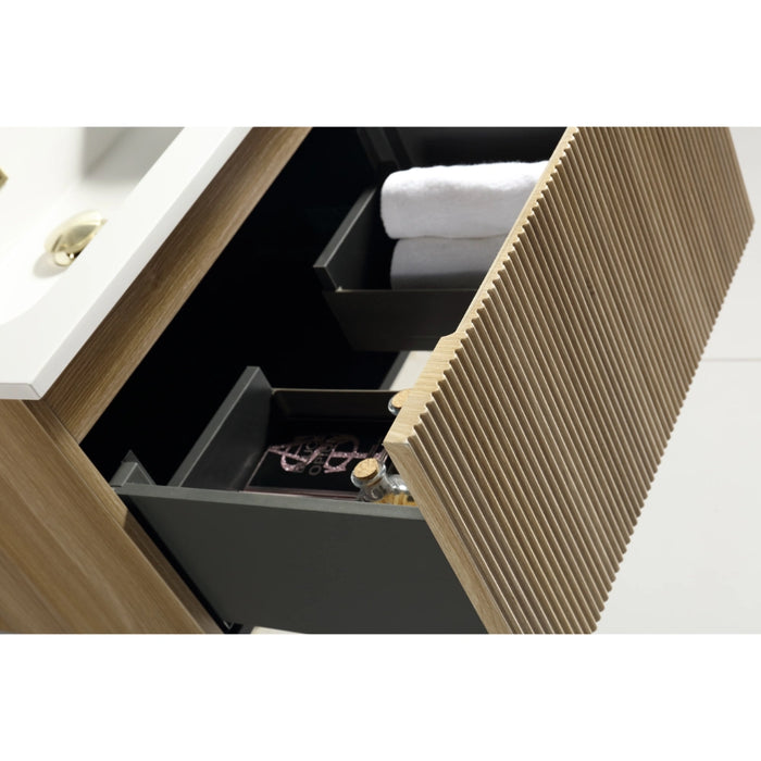 Wall-hung vanity with white basin and country oak fluted cabinet front, with drawer