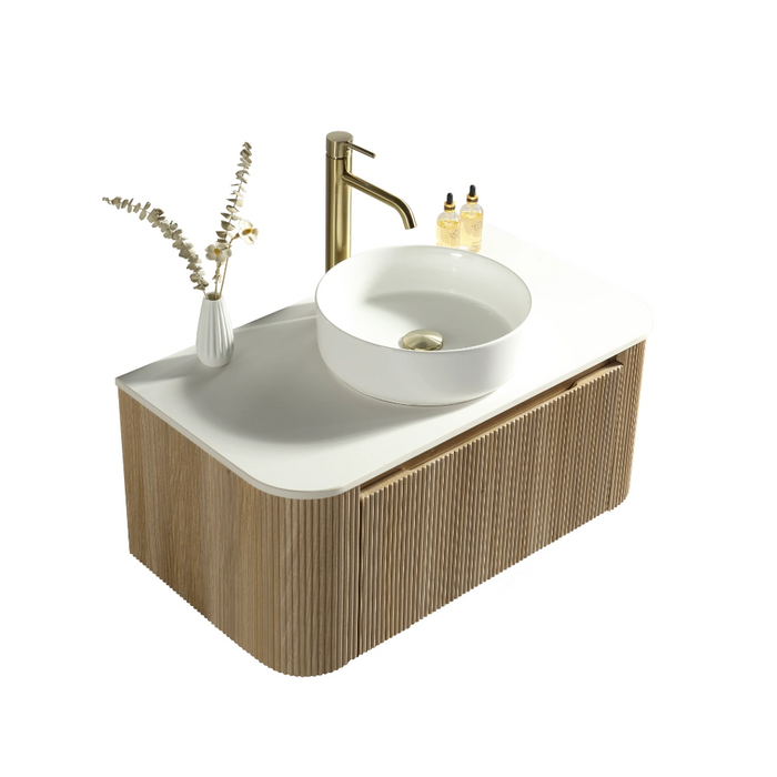 Fluted 870mm Wall-Hung Curved Corner Vanity with Countertop – Country Oak