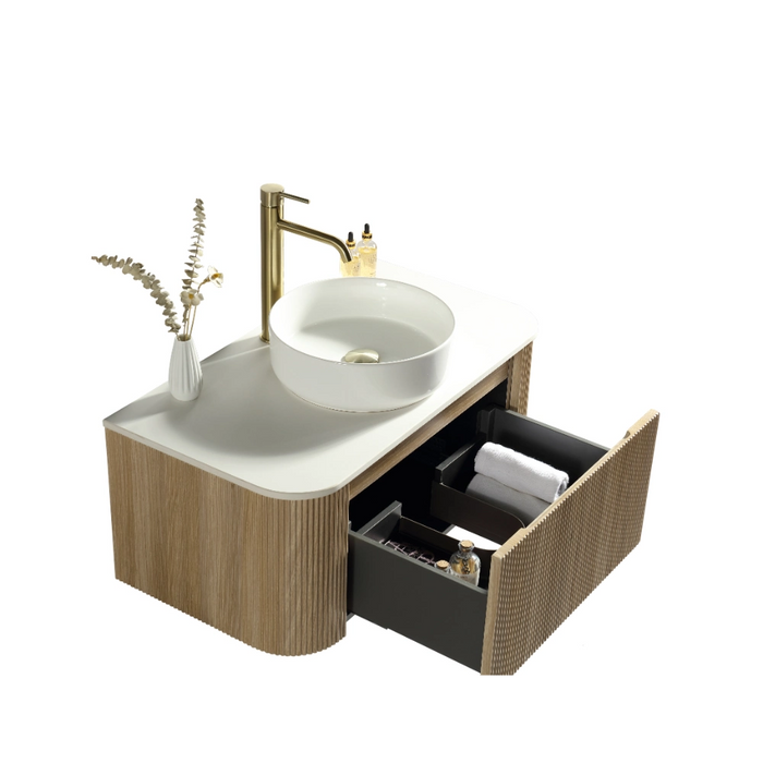 Fluted 870mm Wall-Hung Curved Corner Vanity with Countertop – Country Oak