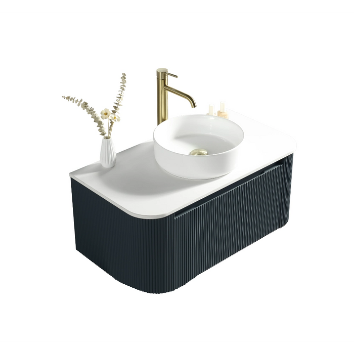 Fluted 870mm Wall-Hung Curved Corner Vanity with Countertop – Midnight Shadow