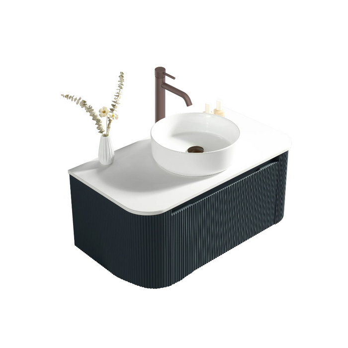 Fluted 870mm Wall-Hung Curved Corner Vanity with Countertop – Midnight Shadow