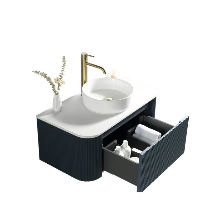 Fluted 870mm Wall-Hung Curved Corner Vanity with Countertop – Midnight Shadow