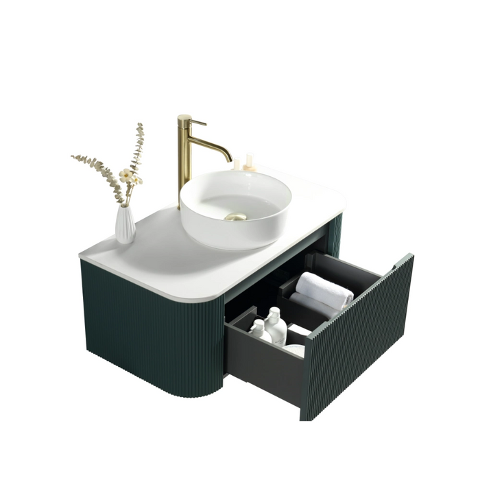 Fluted 870mm Wall-Hung Curved Corner Vanity with Countertop – Smoked Sage