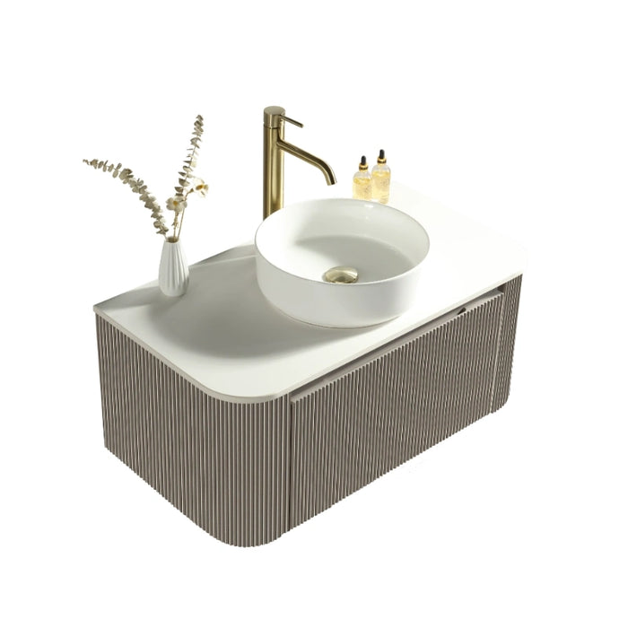 Fluted 870mm Wall-Hung Curved Corner Vanity with Countertop – Soft Coffee