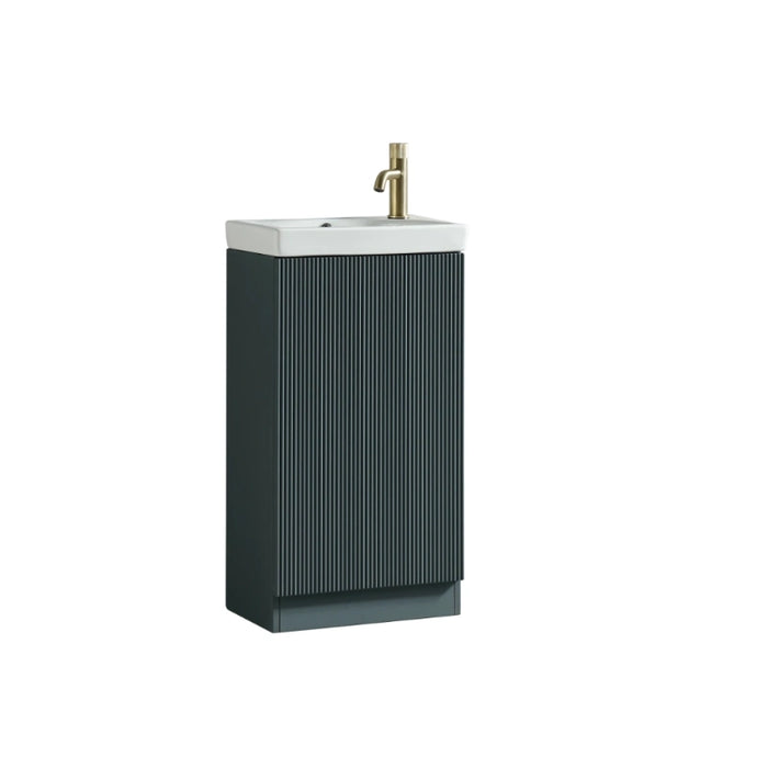Compact smoked sage vanity unit with fluted front, white ceramic basin and brass tap
