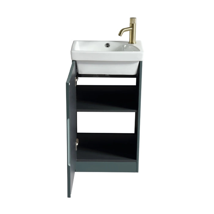 Smoked sage vanity unit with open shelving and white ceramic basin, brass tap