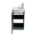 Smoked sage vanity unit with open shelving and white ceramic basin, brass tap