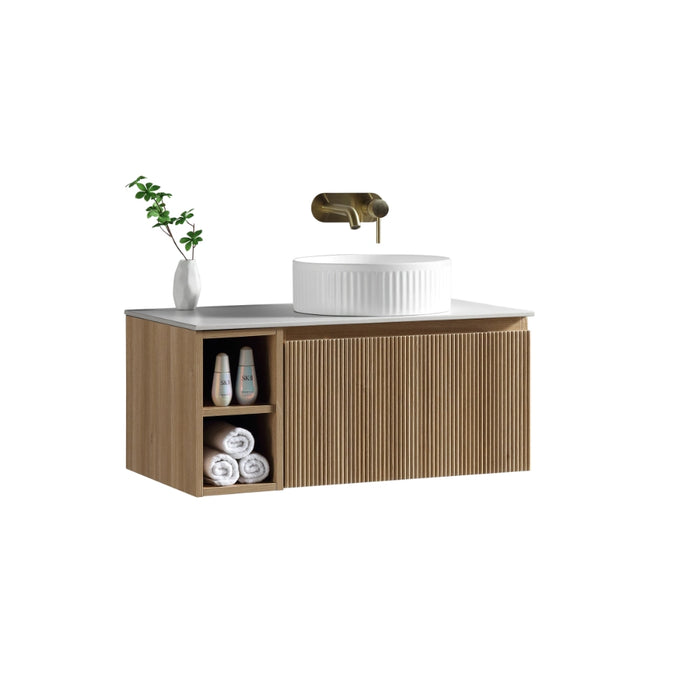 Fluted 800mm Wall Hung Vanity Unit with Side Storage Box & Counter Top - Country Oak