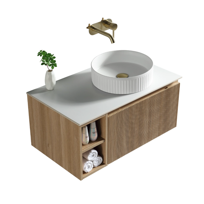 Fluted 800mm Wall Hung Vanity Unit with Side Storage Box & Counter Top - Country Oak