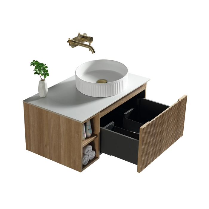 Fluted 800mm Wall Hung Vanity Unit with Side Storage Box & Counter Top - Country Oak