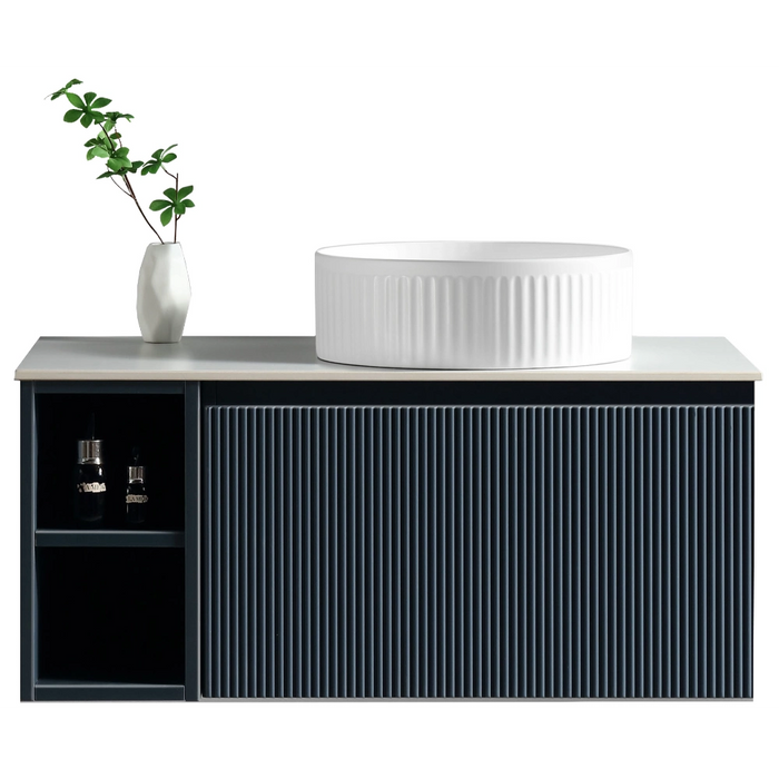 Fluted 800mm Wall Hung Vanity Unit with Side Storage Box & Counter Top - Midnight Shadow