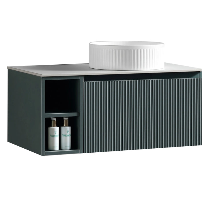Fluted 800mm Wall Hung Vanity Unit with Side Storage Box & Counter Top - Smoked Sage