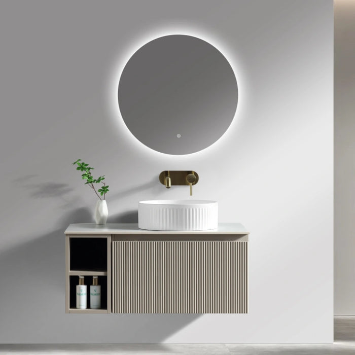 Fluted 800mm Wall Hung Vanity Unit with Side Storage Box & Counter Top - Soft Coffee