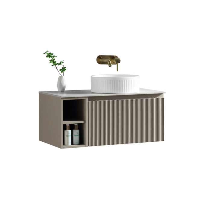 Fluted 800mm Wall Hung Vanity Unit with Side Storage Box & Counter Top - Soft Coffee