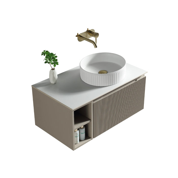 Fluted 800mm Wall Hung Vanity Unit with Side Storage Box & Counter Top - Soft Coffee