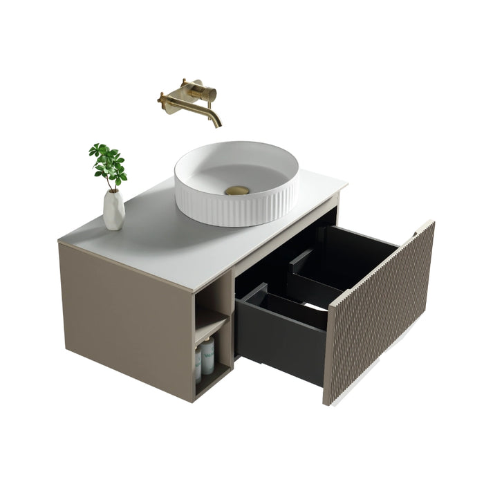 Fluted 800mm Wall Hung Vanity Unit with Side Storage Box & Counter Top - Soft Coffee