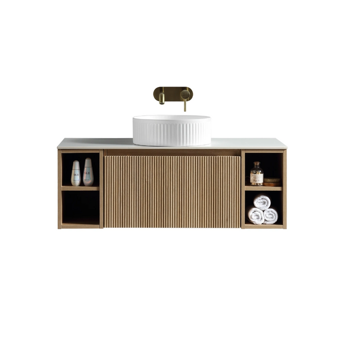 Fluted 1000mm Wall-Hung Vanity Unit with 2 Side Storage & Basin – Oak