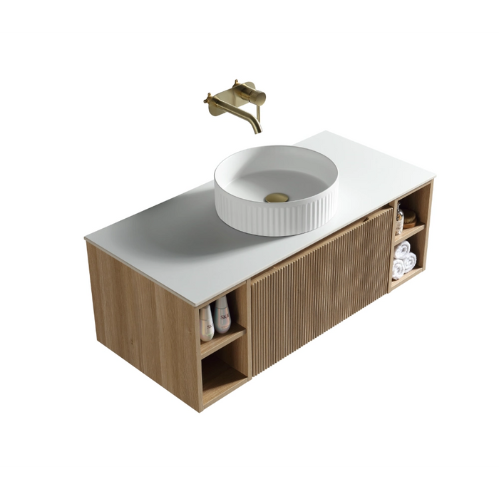 Fluted 1000mm Wall-Hung Vanity Unit with 2 Side Storage – Country Oak