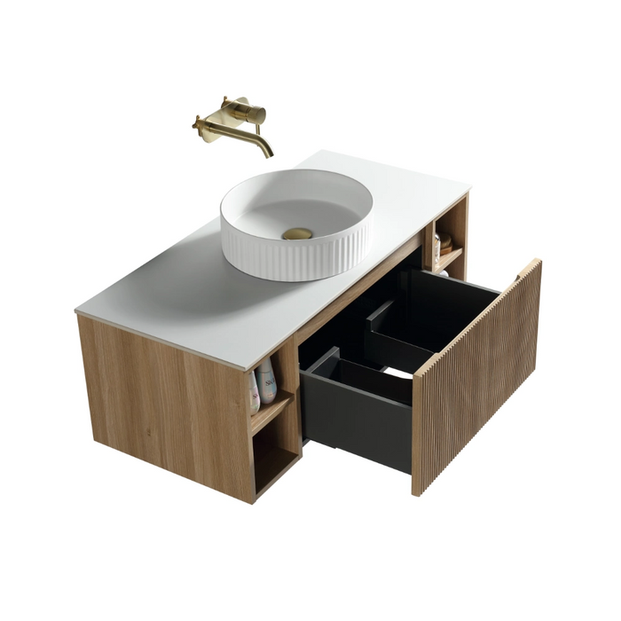Fluted 1000mm Wall-Hung Vanity Unit with 2 Side Storage – Country Oak