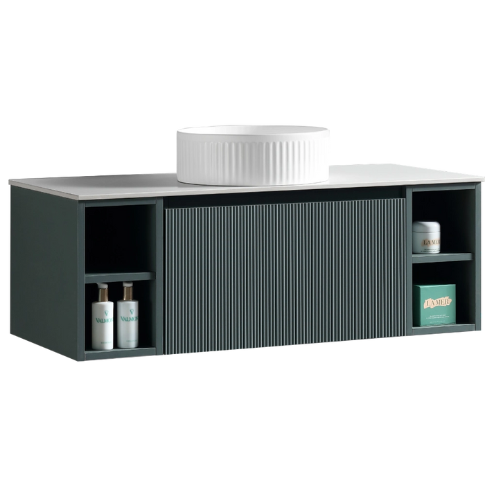 Fluted 1000mm Wall-Hung Vanity Unit with 2 Side Storage – Smoked Sage