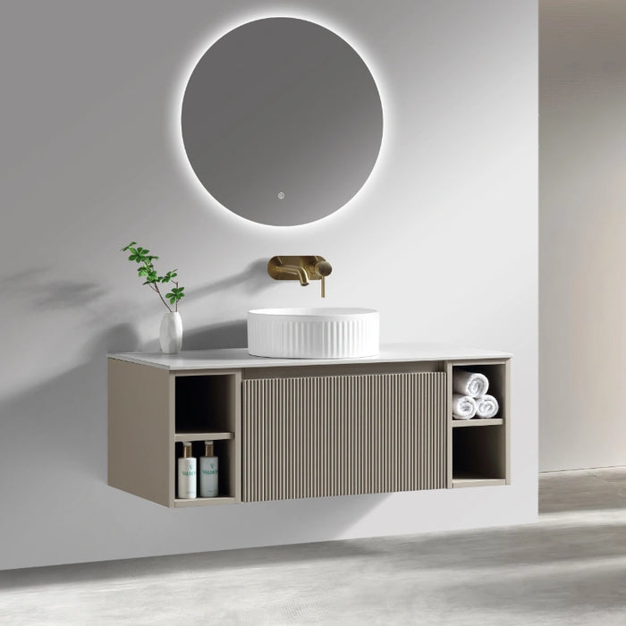 Fluted 1000mm Wall-Hung Vanity Unit with 2 Side Storage – Soft Coffee