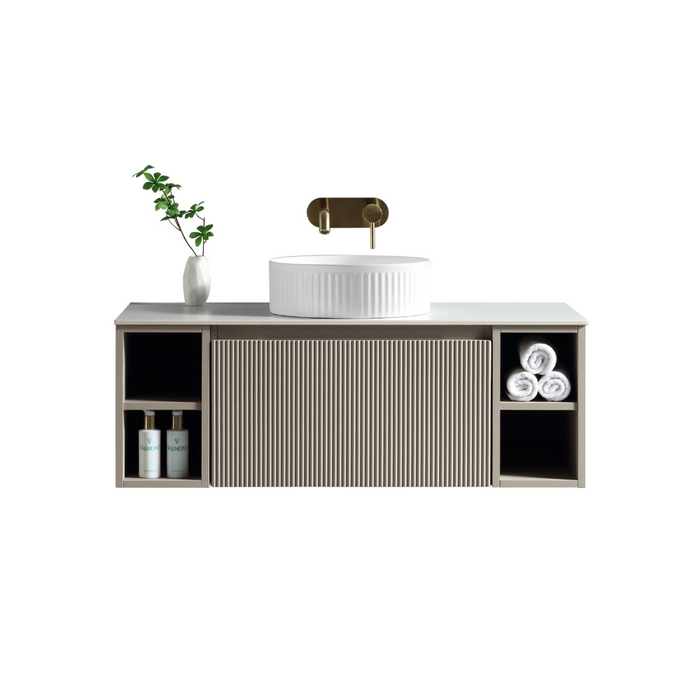 Fluted 1000mm Wall-Hung Vanity Unit with 2 Side Storage – Soft Coffee