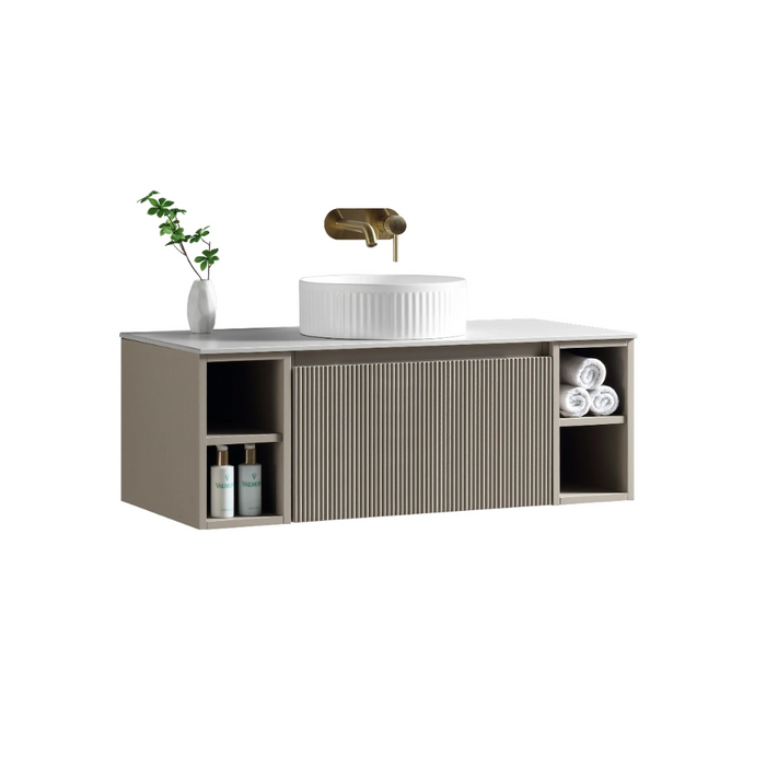 Fluted 1000mm Wall-Hung Vanity Unit with 2 Side Storage – Soft Coffee