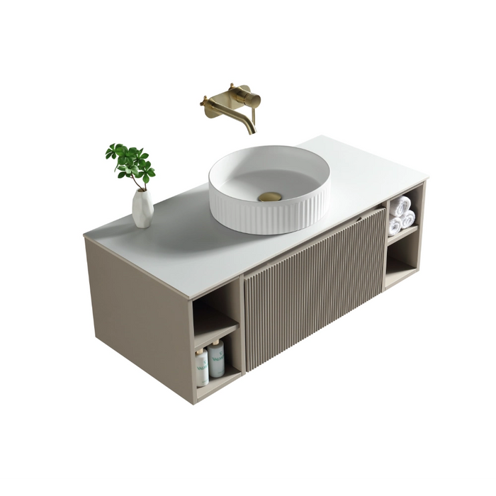 Fluted 1000mm Wall-Hung Vanity Unit with 2 Side Storage – Soft Coffee