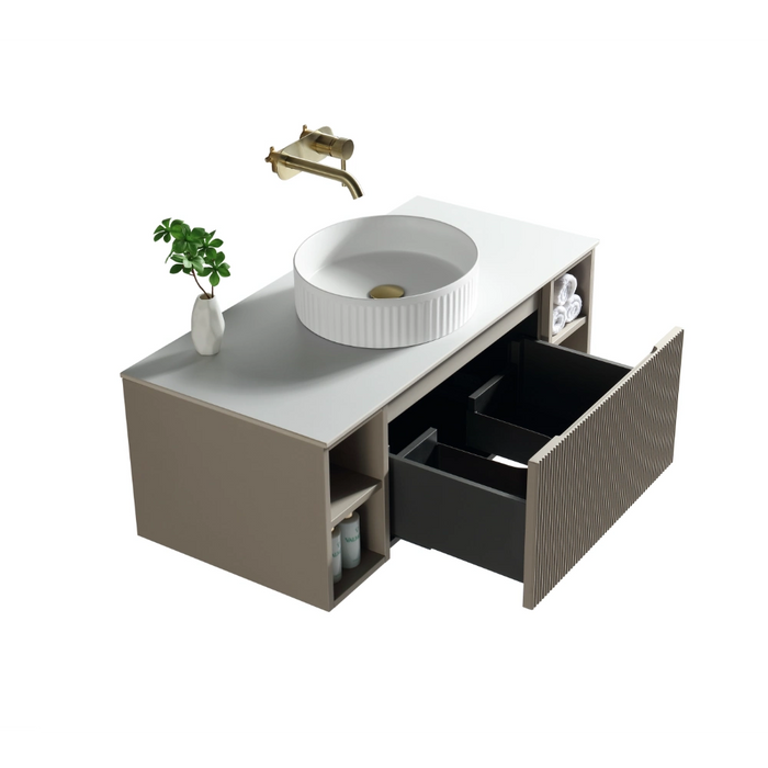 Fluted 1000mm Wall-Hung Vanity Unit with 2 Side Storage – Soft Coffee