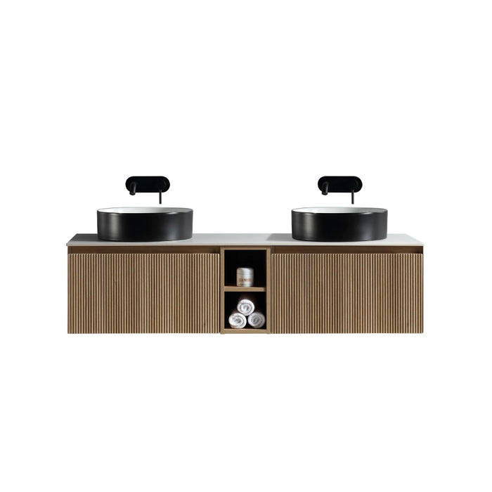 Fluted 1400mm Wall Hung Double Vanity with Storage - Country Oak
