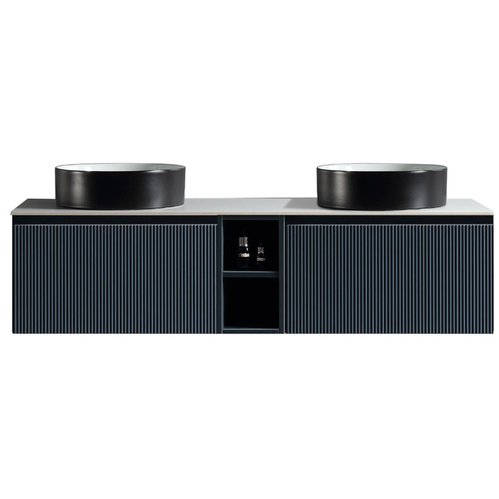 Fluted 1400mm Wall Hung Double Vanity with Storage - Midnight Shadow