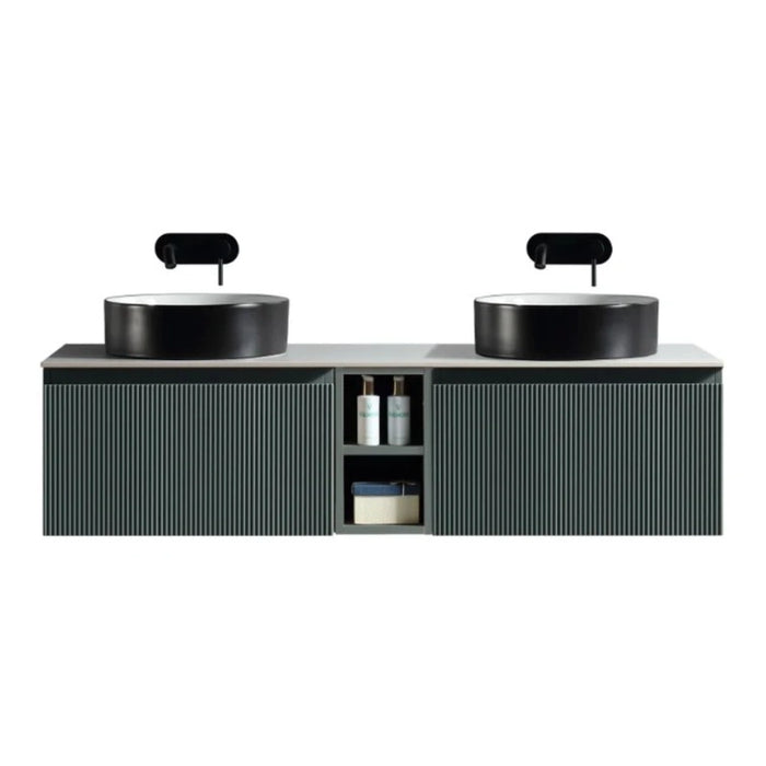Fluted 1400mm Wall Hung Double Vanity with Storage - Smoked Sage