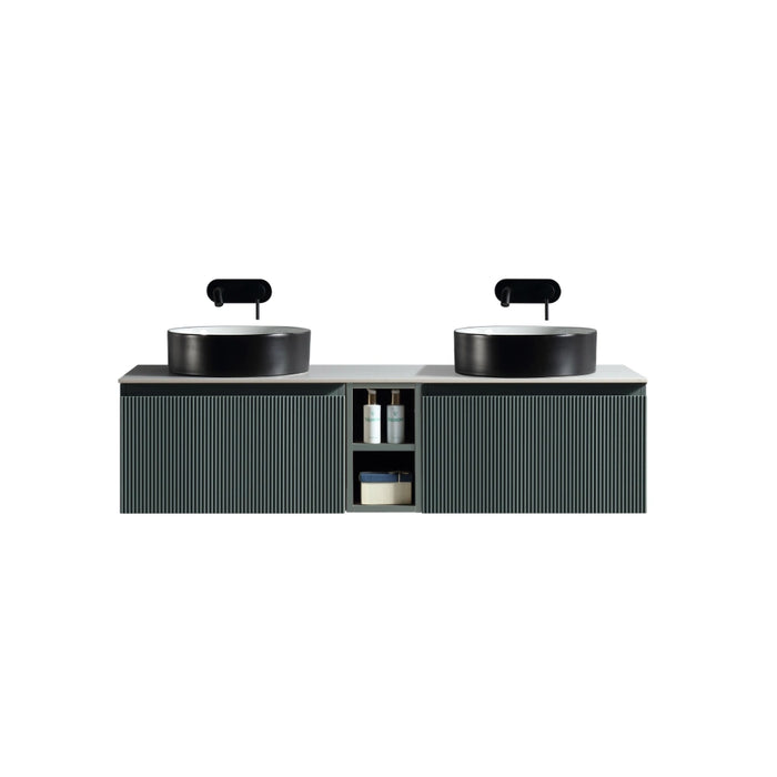 Fluted 1400mm Wall Hung Double Vanity with Storage - Smoked Sage