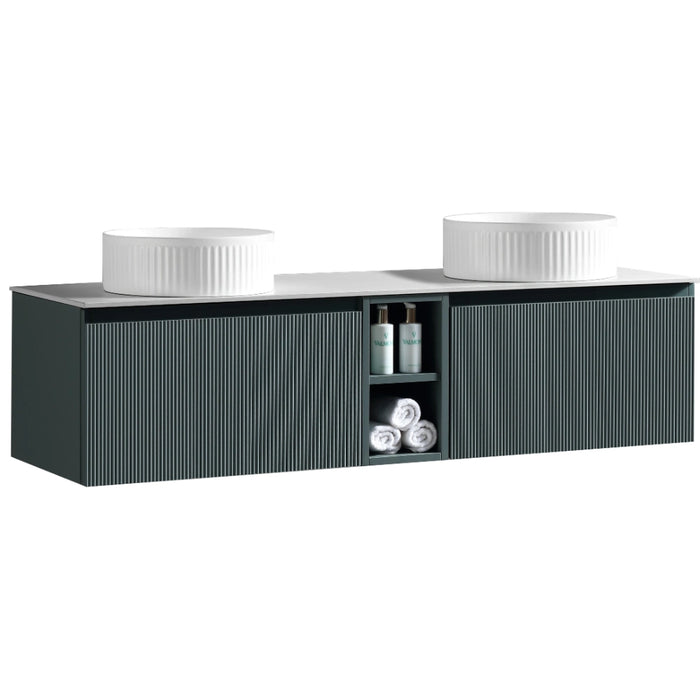 Fluted 1400mm Wall Hung Double Vanity with Storage - Smoked Sage