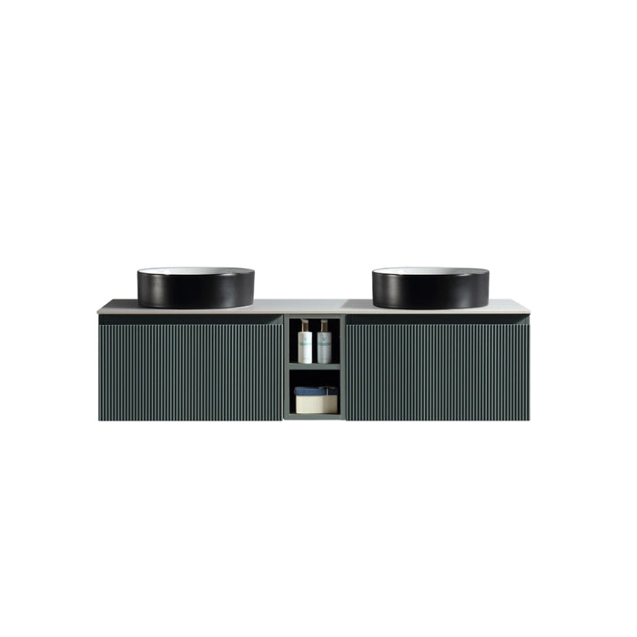 Fluted 1400mm Wall Hung Double Vanity with Storage - Smoked Sage