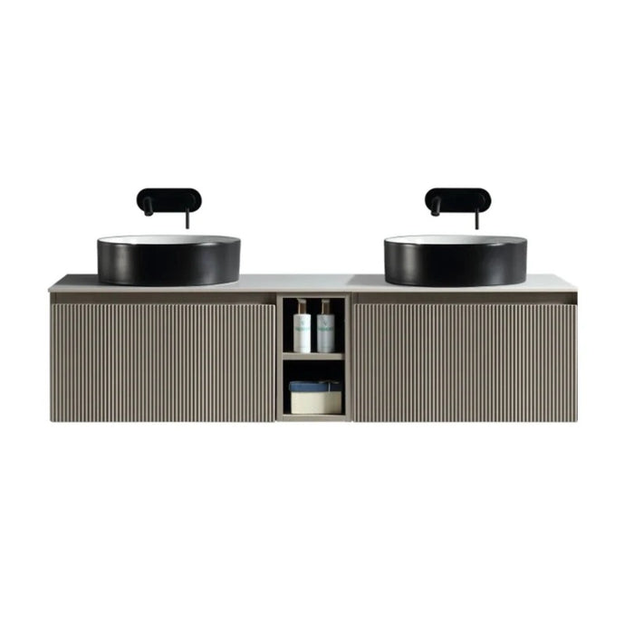 Fluted 1400mm Wall Hung Double Vanity with Storage - Soft Coffee