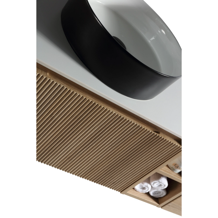 Fluted 800mm Wall Hung Vanity Unit with Side Storage Box & Counter Top - Country Oak