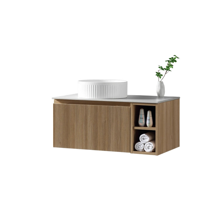 Fluted 800mm Wall Hung Vanity Unit with Side Storage Box & Counter Top - Country Oak